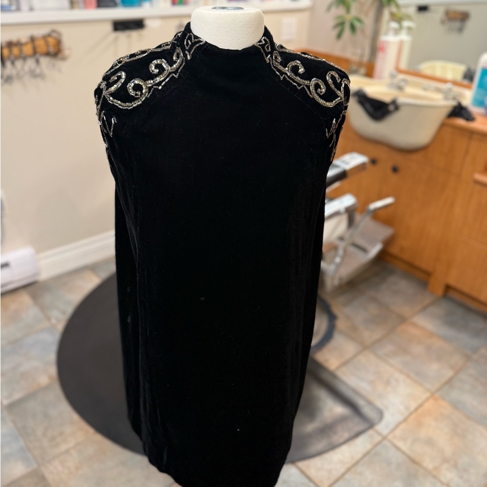 Elegant Black Velvet Dress with Silver Embroidery